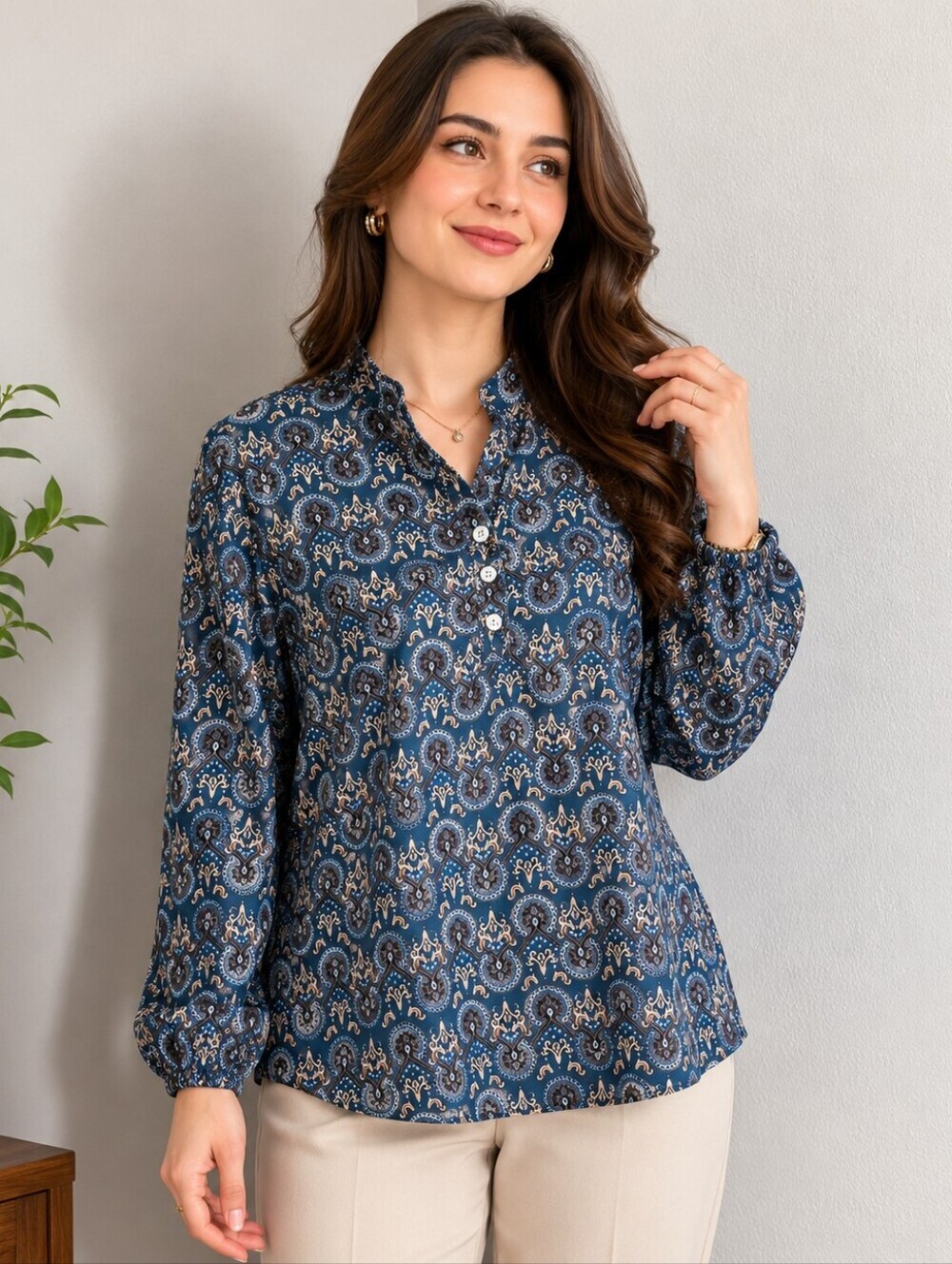 MissLook Blue, Brown, Cream Print Three Button-Front Blouse, Size 2X